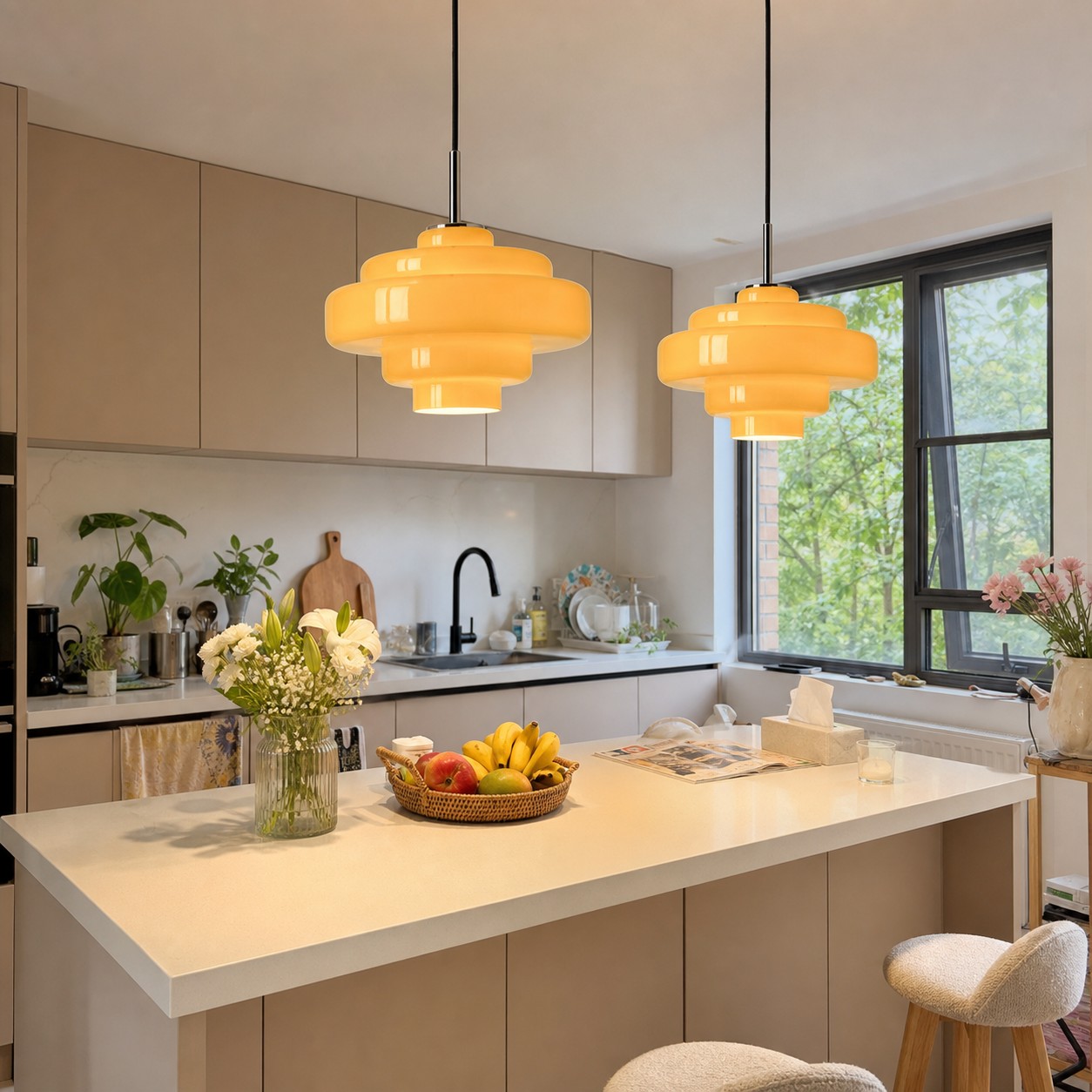 Tinted glass pendant lights hanging over a white kitchen island
