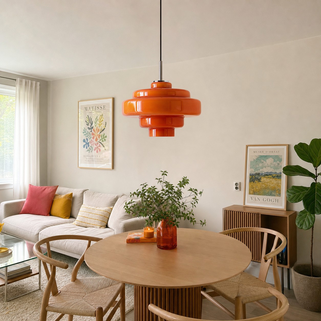 A softly tinted glass pendant keeping a small neutral room visually open.
