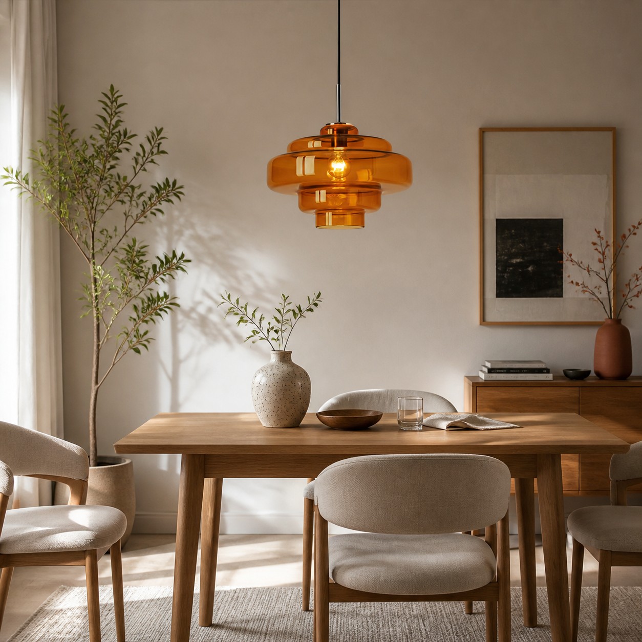 A restrained dining room using one coloured pendant and a small matching accent.