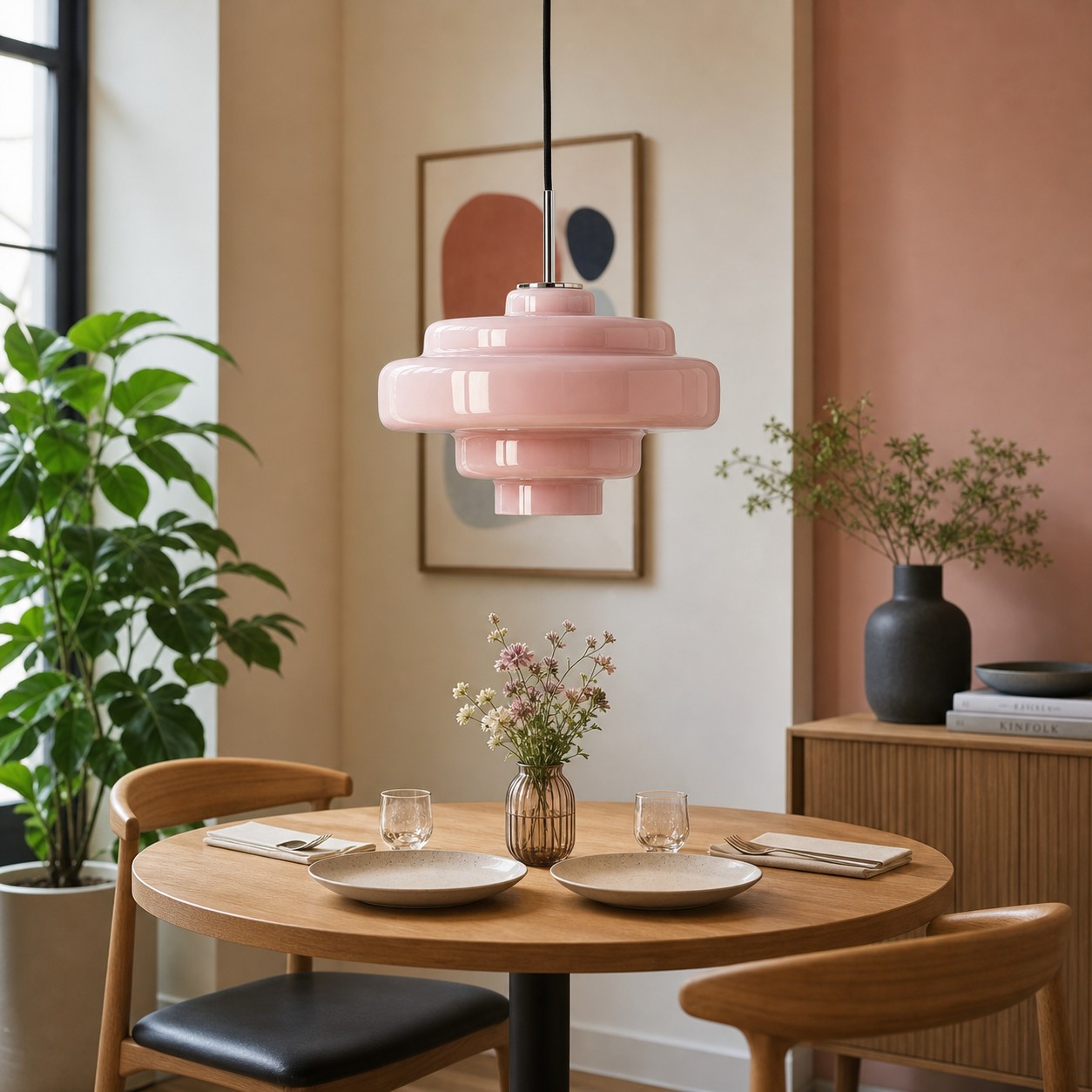 A rounded coloured-glass pendant bringing balanced warmth to a compact dining area.
