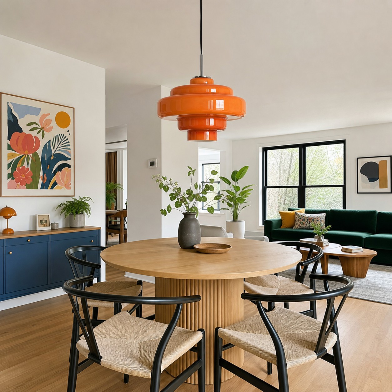 A coloured-glass pendant defining a dining zone in an open-plan home.
