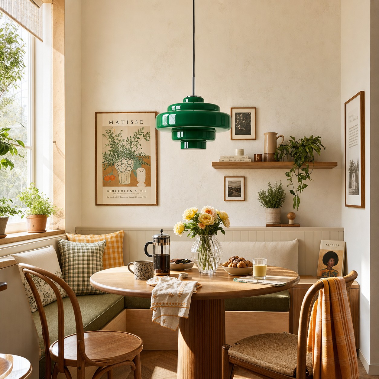 A green glass pendant defining an airy breakfast nook with a compact table.