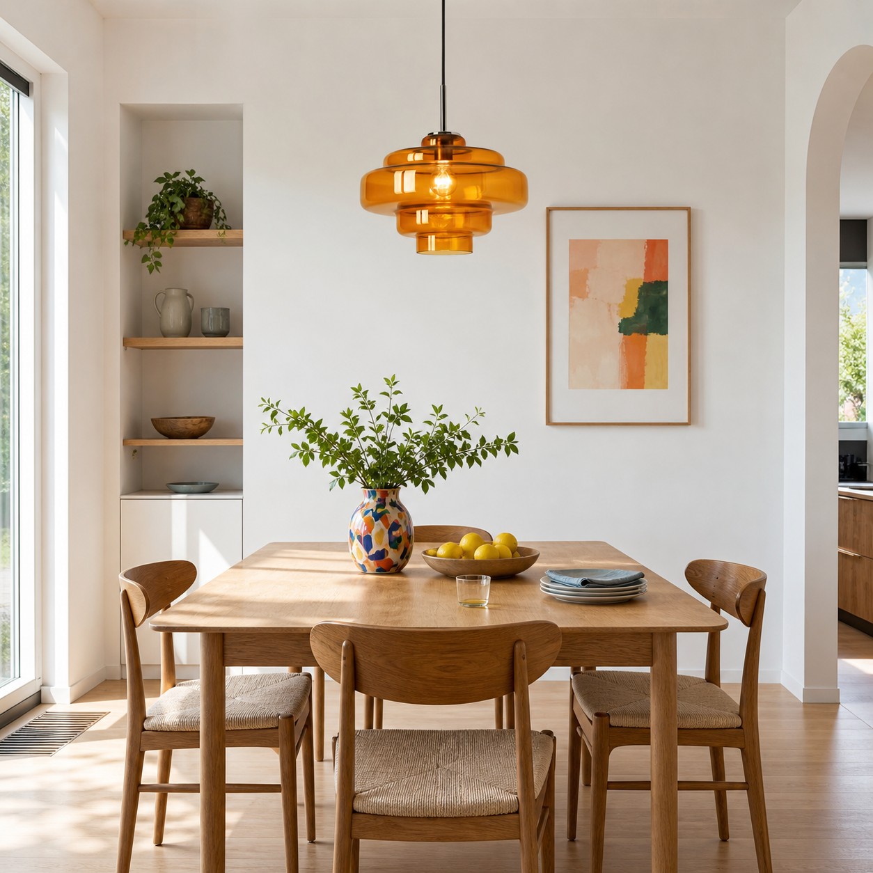 Amber glass light fixture centered over an oak dining table in a white room