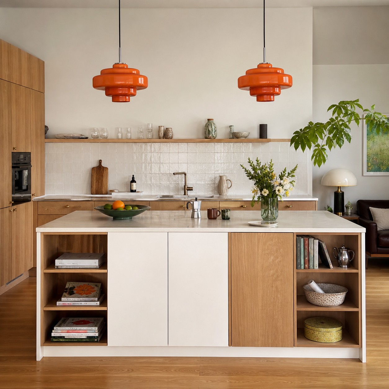 Two retro glass pendants creating rhythm over a medium island.
