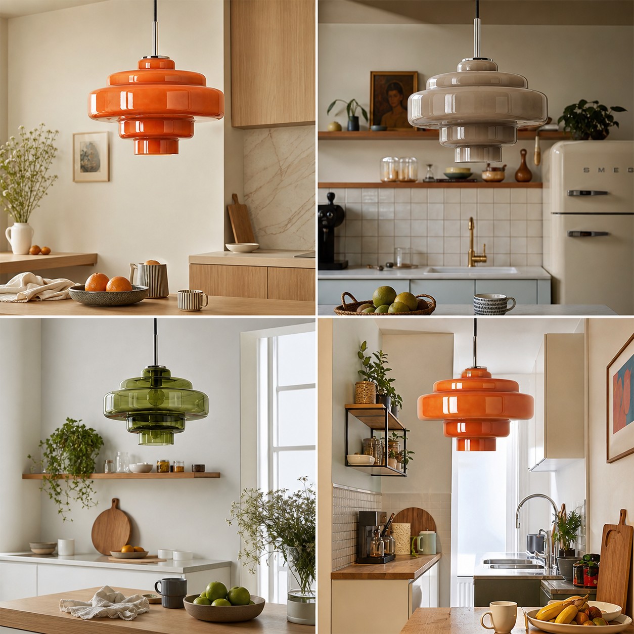 Four kitchen styles using coloured glass pendant lighting.