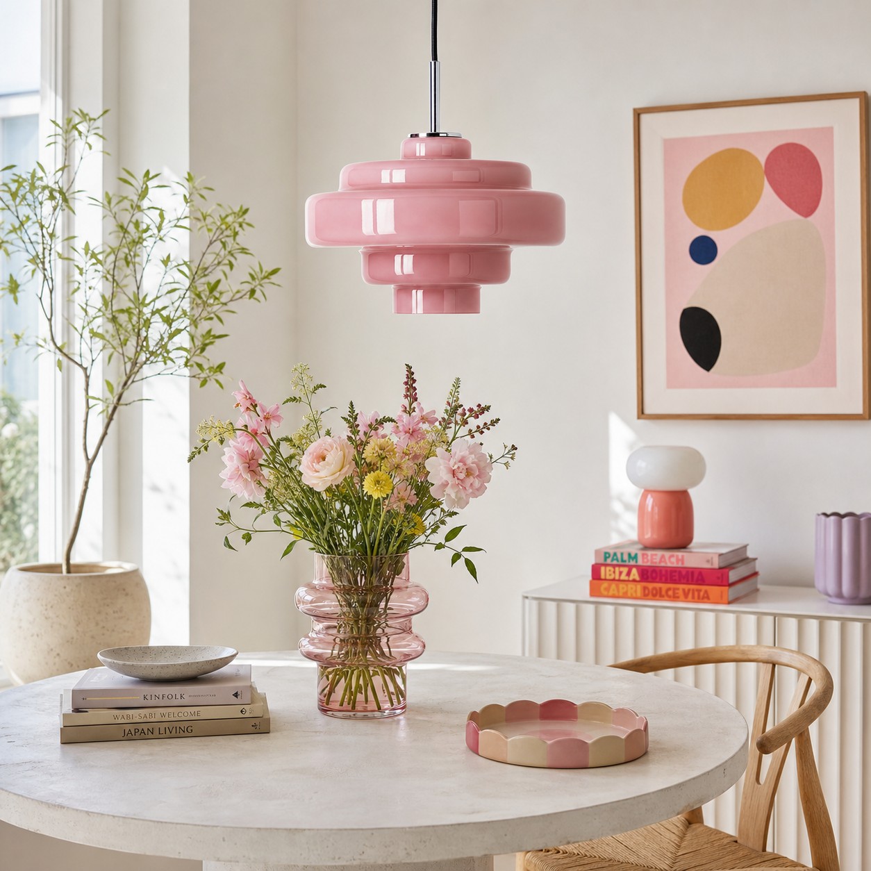 Warm glass pendant light styled with a matching tinted vase on a white table