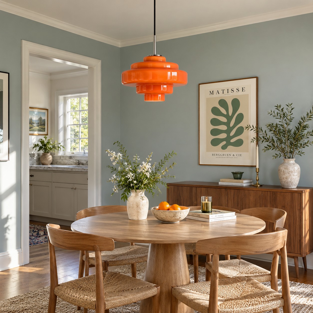 Orange Koloro Millie pendant as the single warm accent in a quiet dining room.