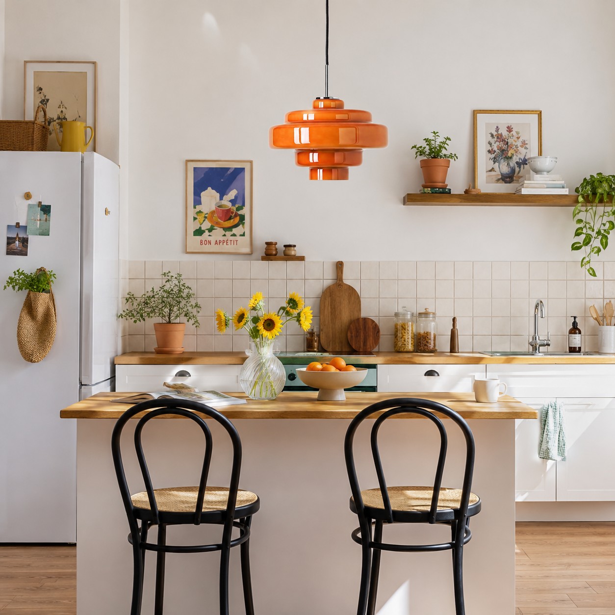 Lampadario a sospensione in vetro arancione che illumina una semplice cucina in affitto.