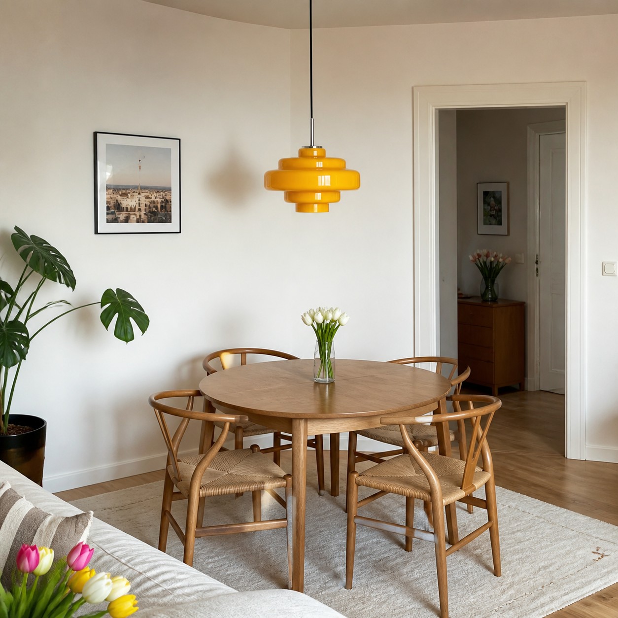 Una lampada a sospensione in vetro colorato che funge da elemento centrale in una zona pranzo flessibile all'interno di un appartamento in affitto.