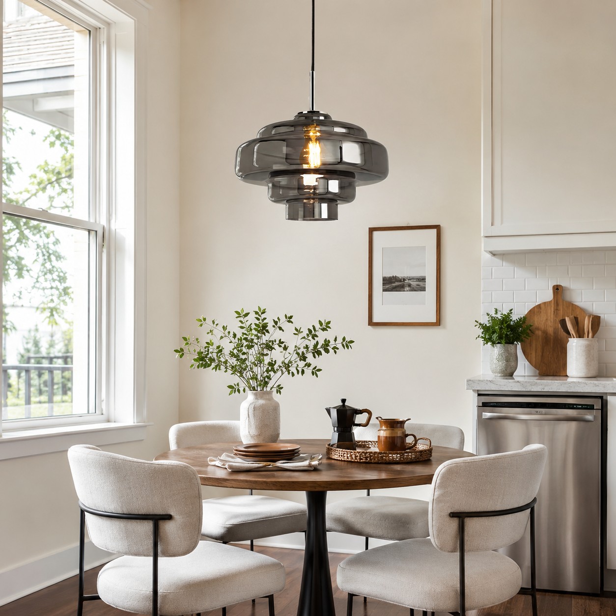 Lampadario a sospensione in vetro in stile retrò sopra un piccolo angolo pranzo.