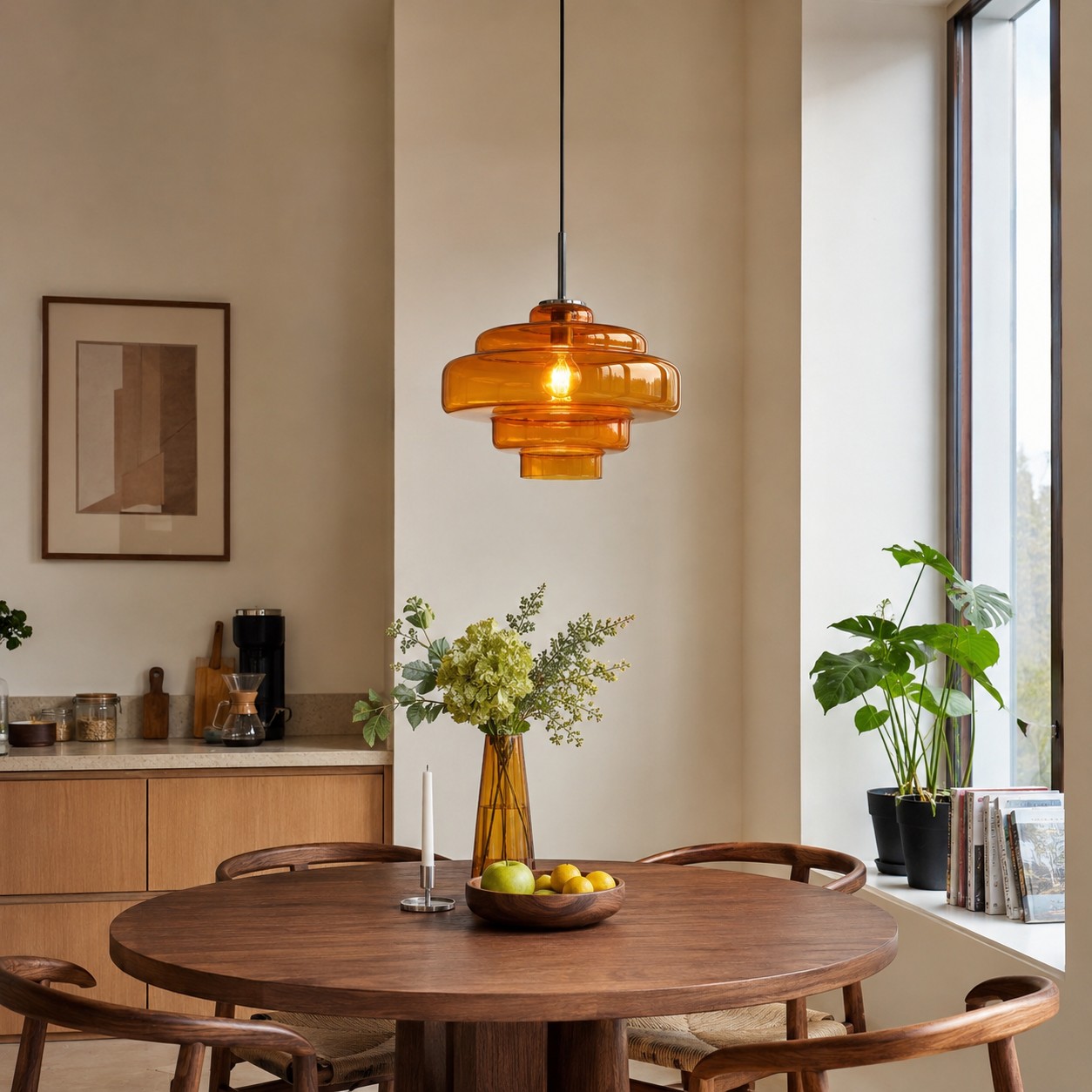 Amber Koloro Millie pendant checked from a seated dining position.