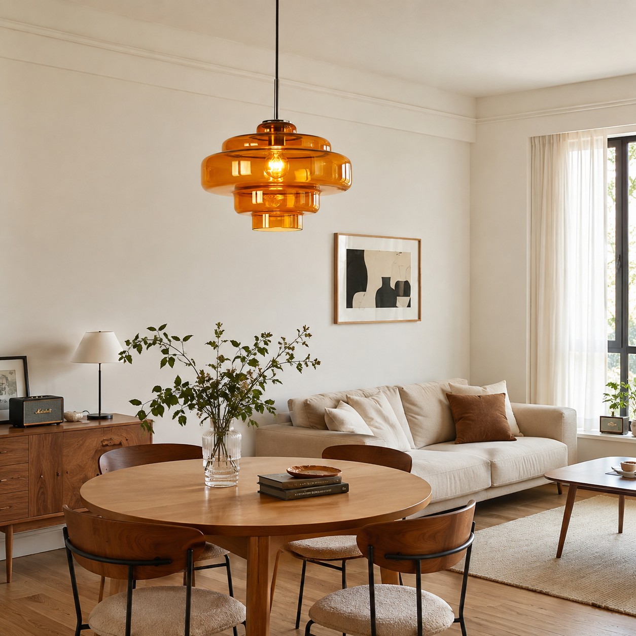 Un lampadario di design conferisce un tocco di stile ricercato a una sala da pranzo in affitto.