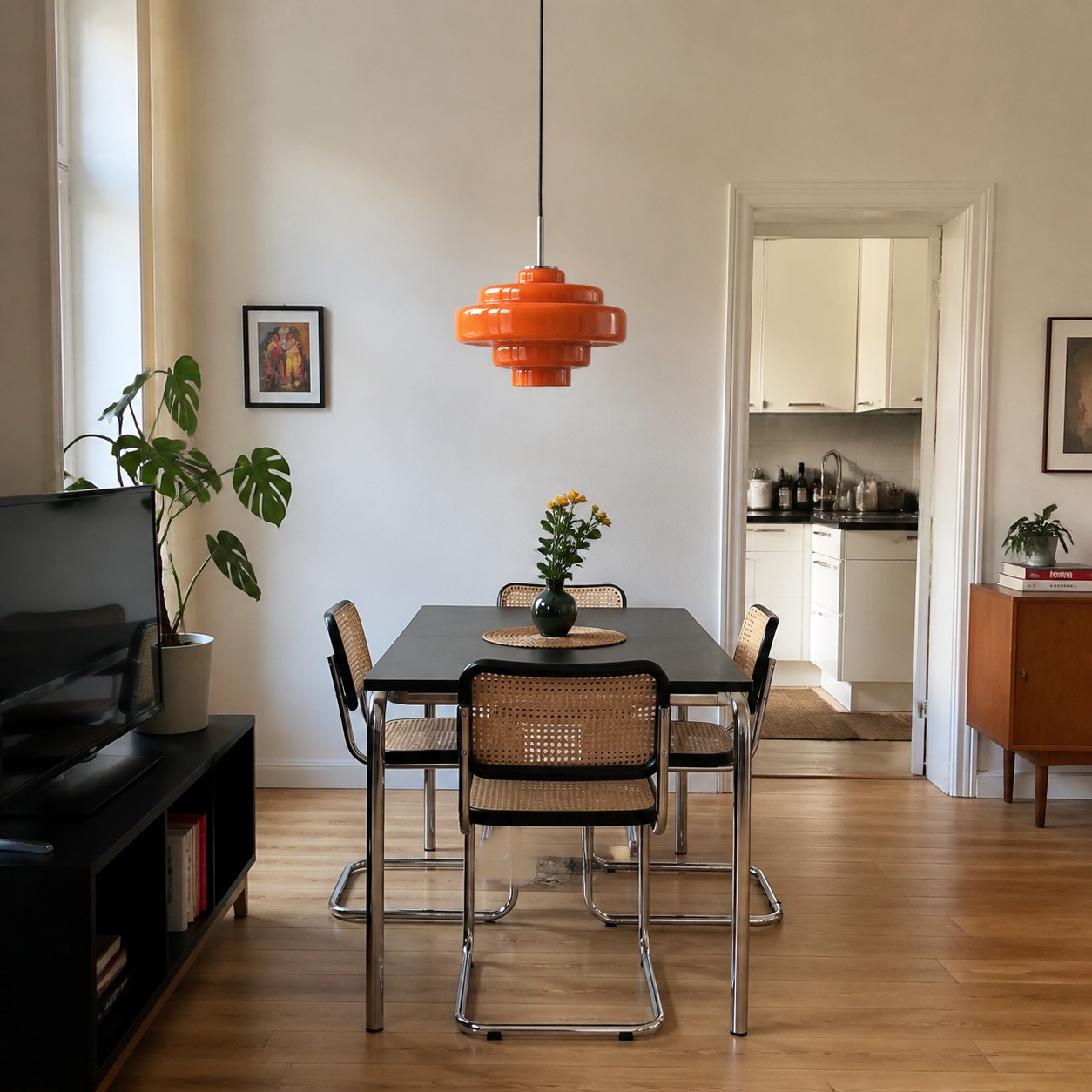 Orange Koloro Millie pendant defining a compact rental-flat dining area.