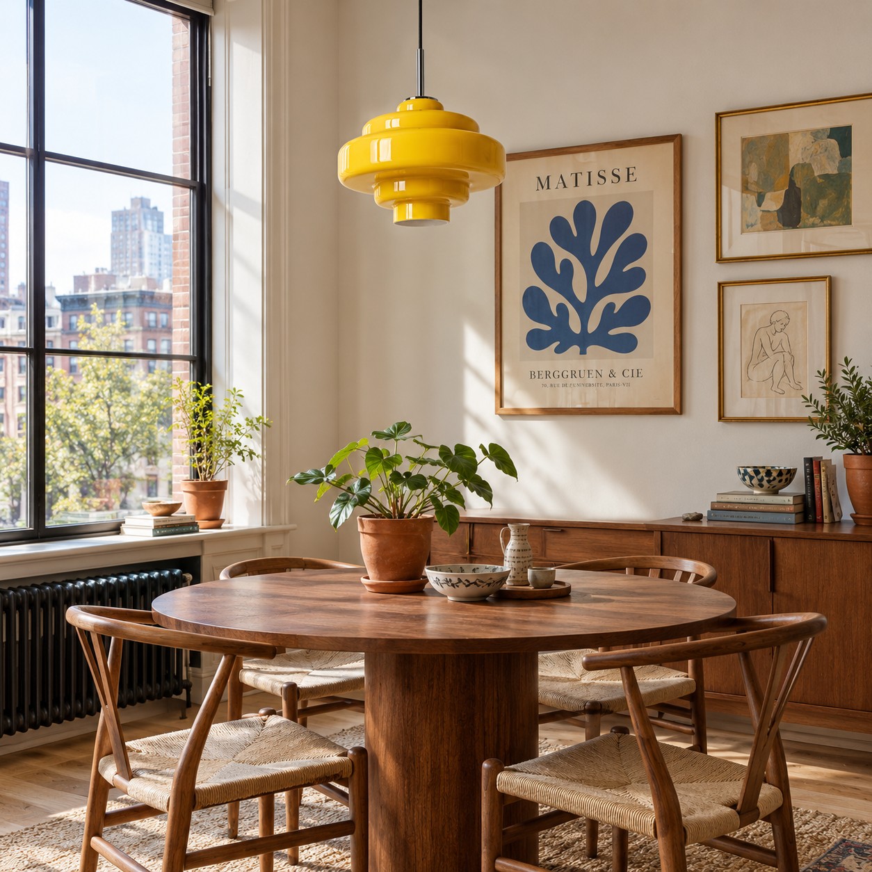Dettagli decorativi che riprendono il colore di una lampada a sospensione a noleggio.