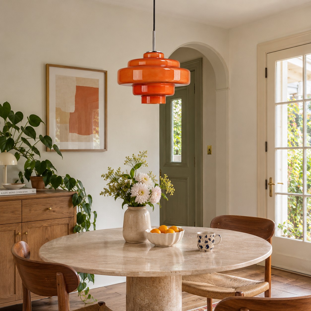 Orange Koloro Millie pendant checked against pale walls and fixed room materials.