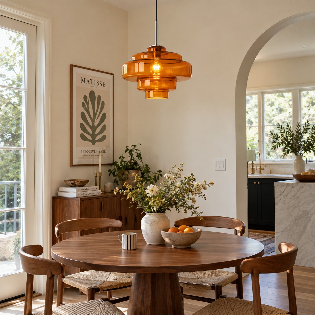 Amber Koloro Millie pendant balanced with walnut, cream and pale stone.