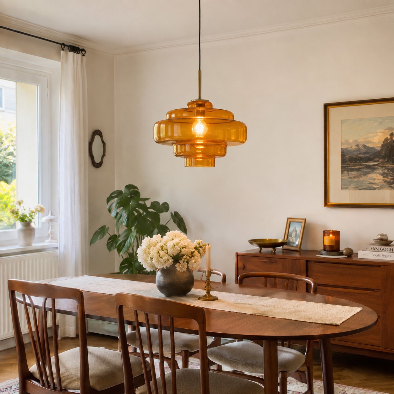 Una lampada a sospensione in vetro ambrato che si abbina perfettamente ai mobili in noce e alle calde finiture color crema.