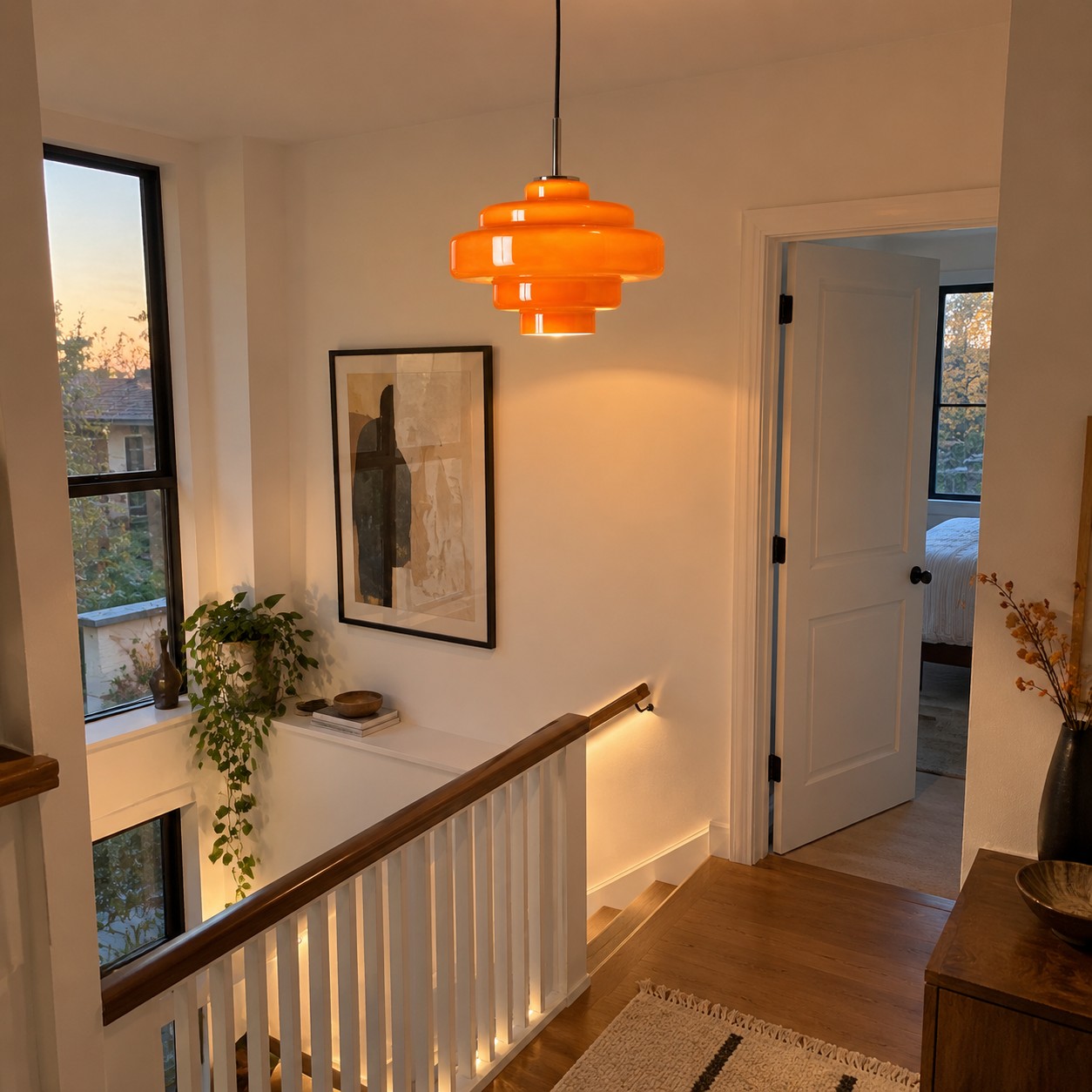 Koloro pendant supported by discreet light on stair treads and walls.