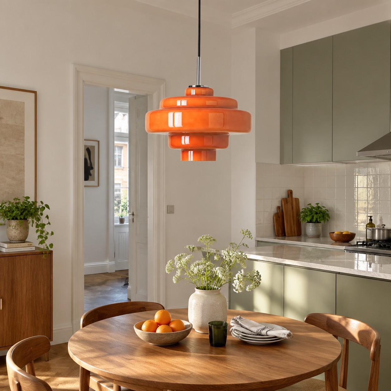 Lampada a sospensione Koloro che unisce il bancone della cucina a una zona pranzo compatta.