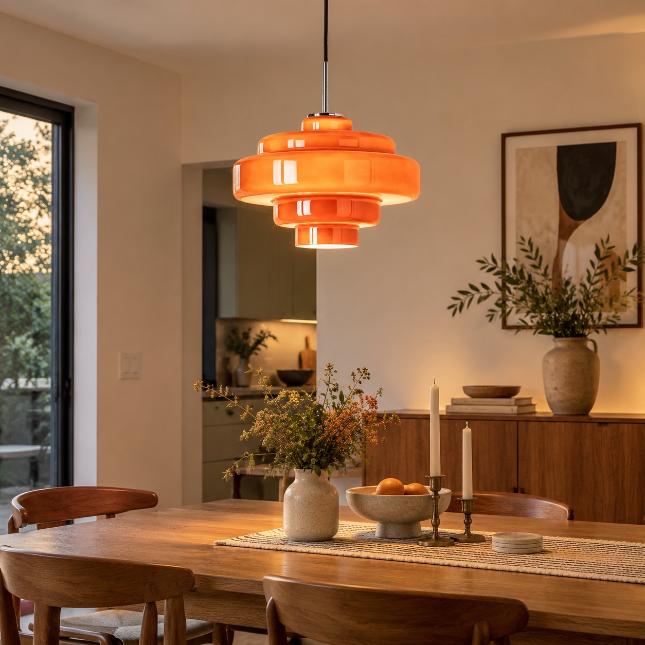Koloro pendant providing atmosphere within a layered evening scheme.