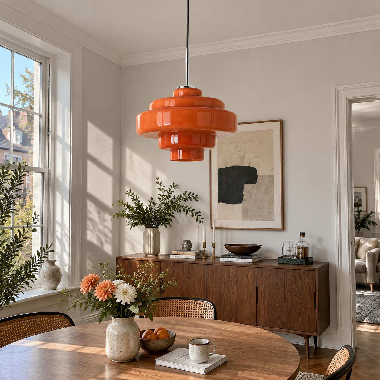 Orange glass, walnut and chrome balanced in daylight.