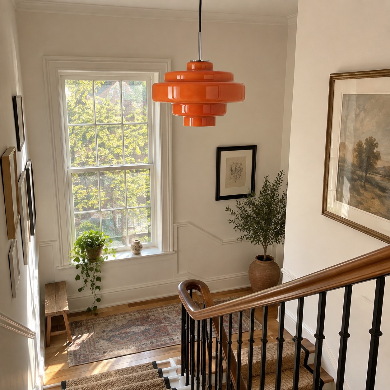 Unlit Koloro pendant holding a clear stair-landing sightline.
