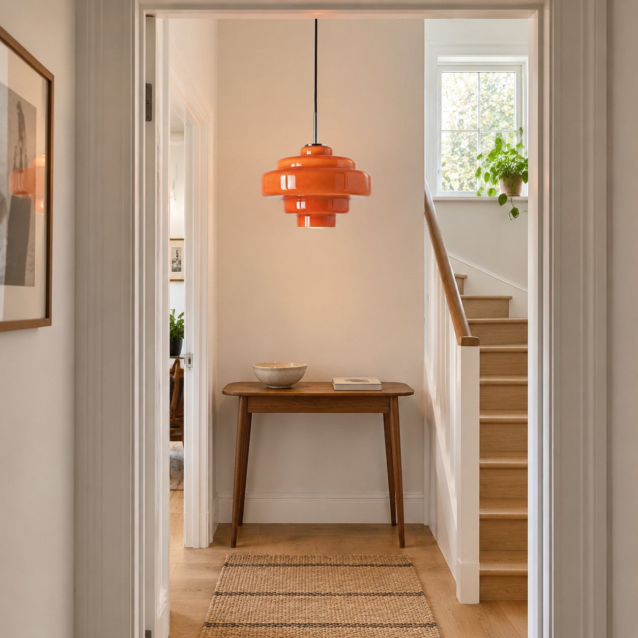 Koloro pendant marking a landing console at the end of a hallway view.