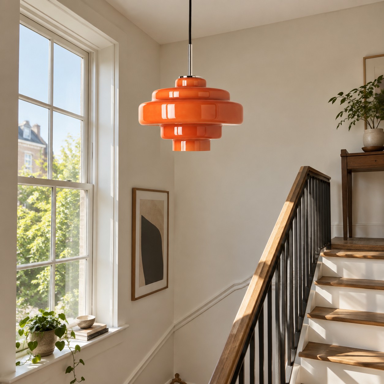 Orange glass pendant beside a half-landing window in daylight.
