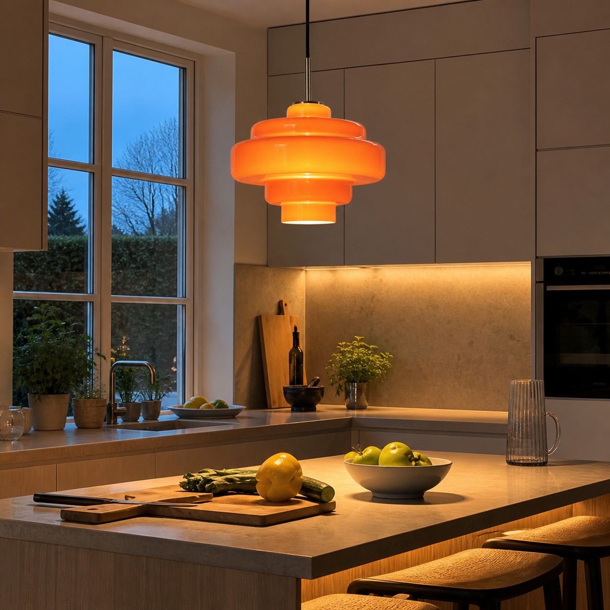 La calda luce della lampada a sospensione Koloro si integra perfettamente con la pratica illuminazione da banco.