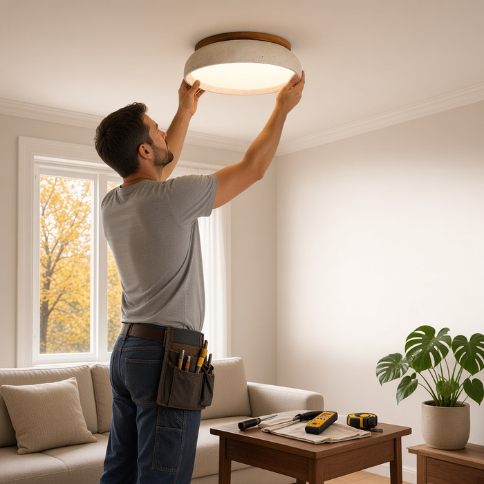 Elettricista che installa un lampadario a soffitto in pietra naturale