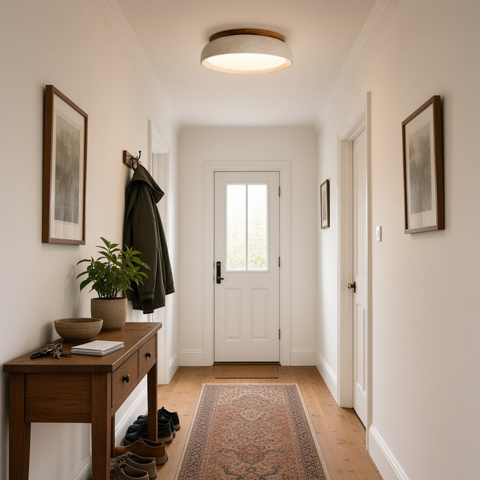 Piccola lampada da soffitto in travertino in un corridoio compatto