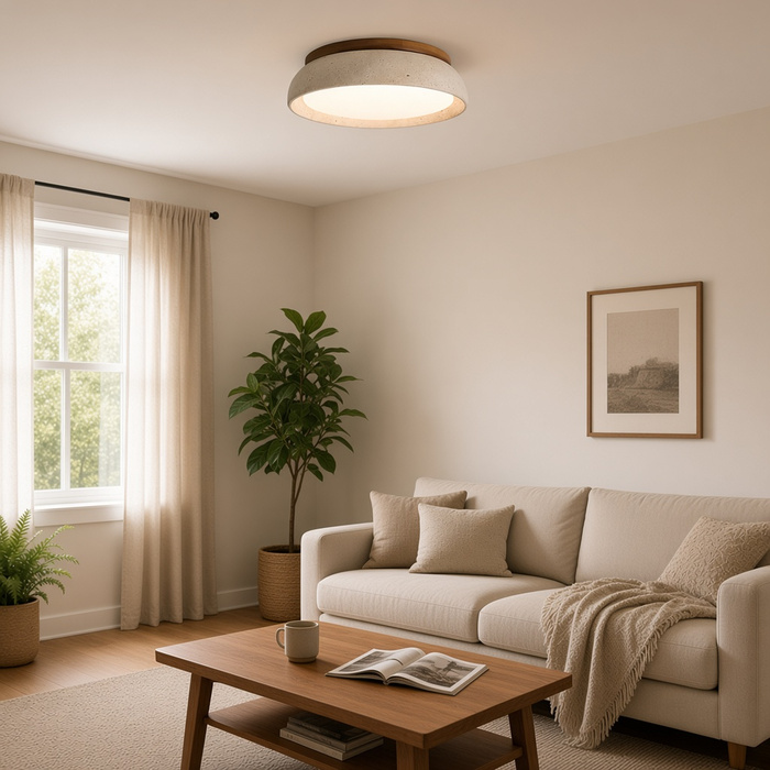 Layered warm lighting with a natural stone ceiling light