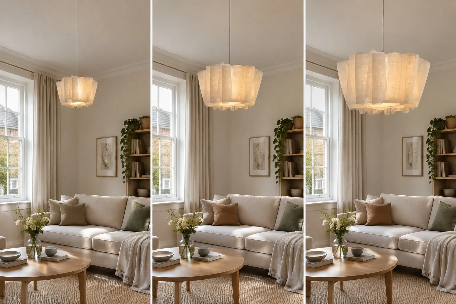 Three pleated pendant light sizes compared in the same living room