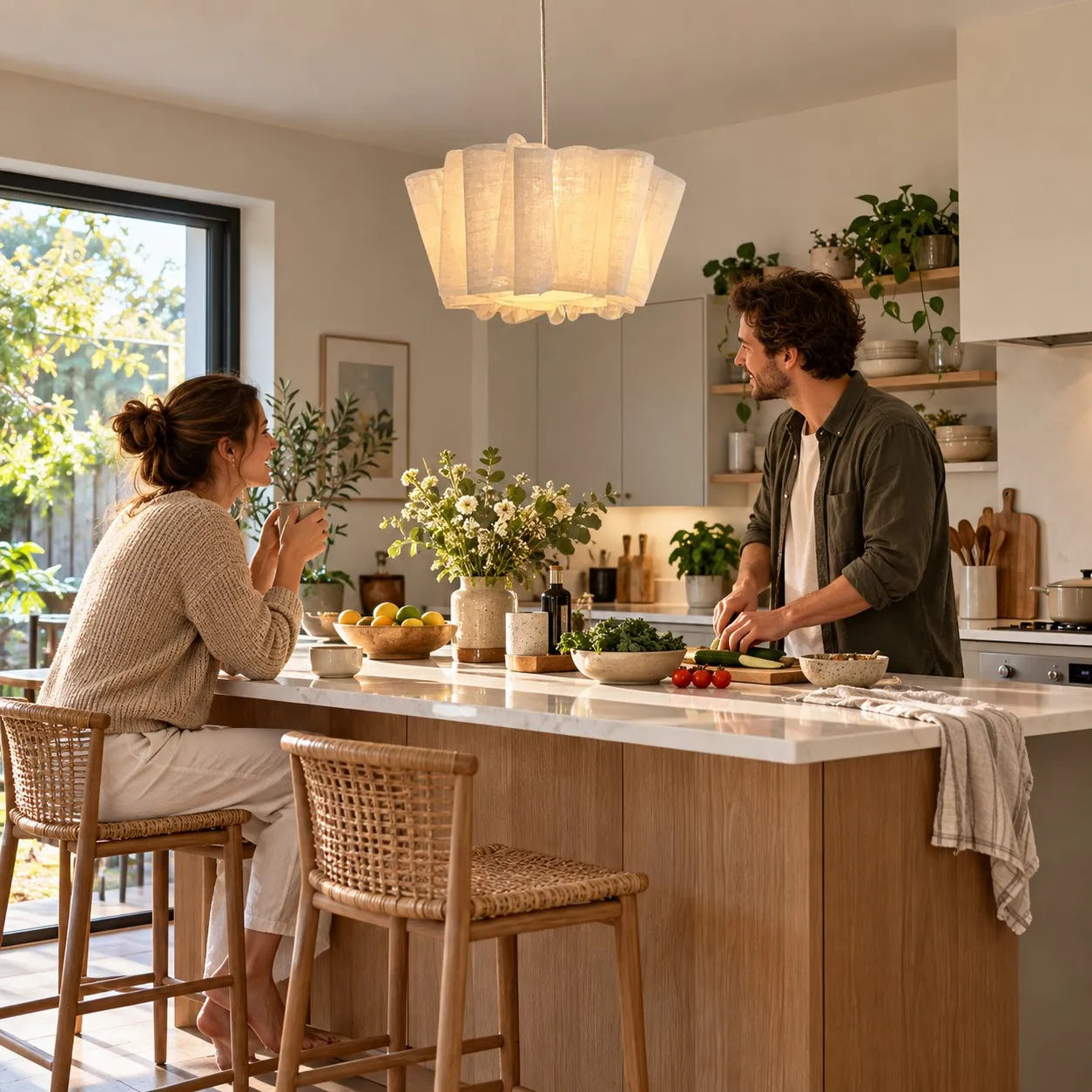 Pendant light sightlines above a multipurpose kitchen island