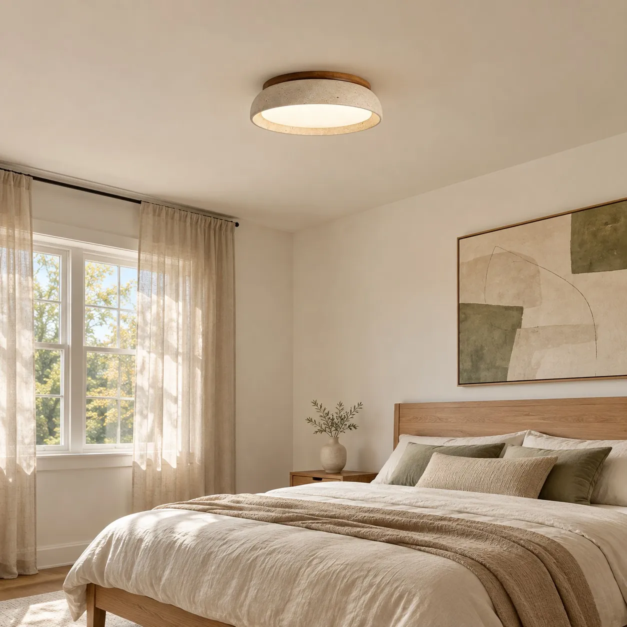 Timeless bedroom palette around a travertine ceiling light