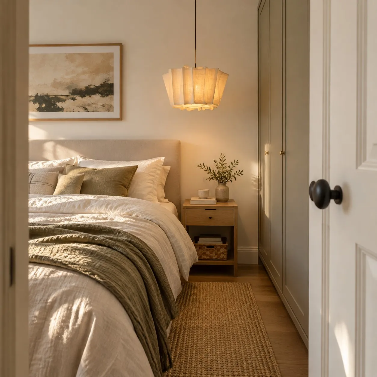 A 40 cm pleated pendant light beside a compact bedroom