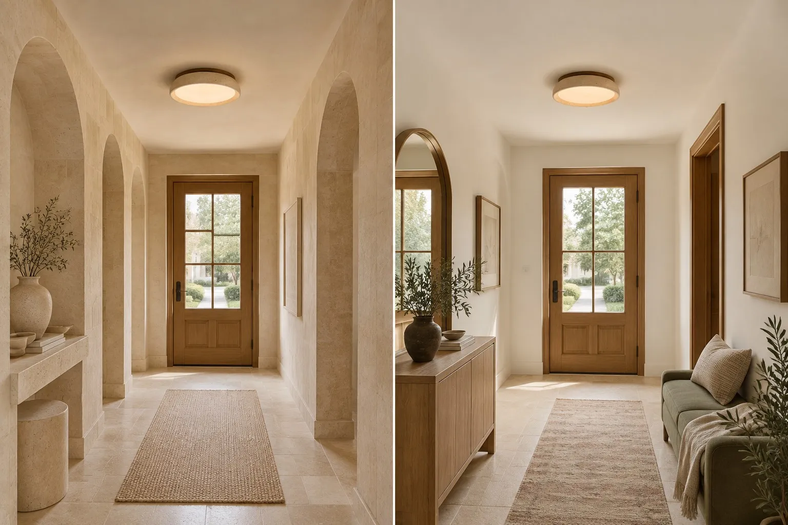 Restrained travertine use compared with an overmatched beige interior
