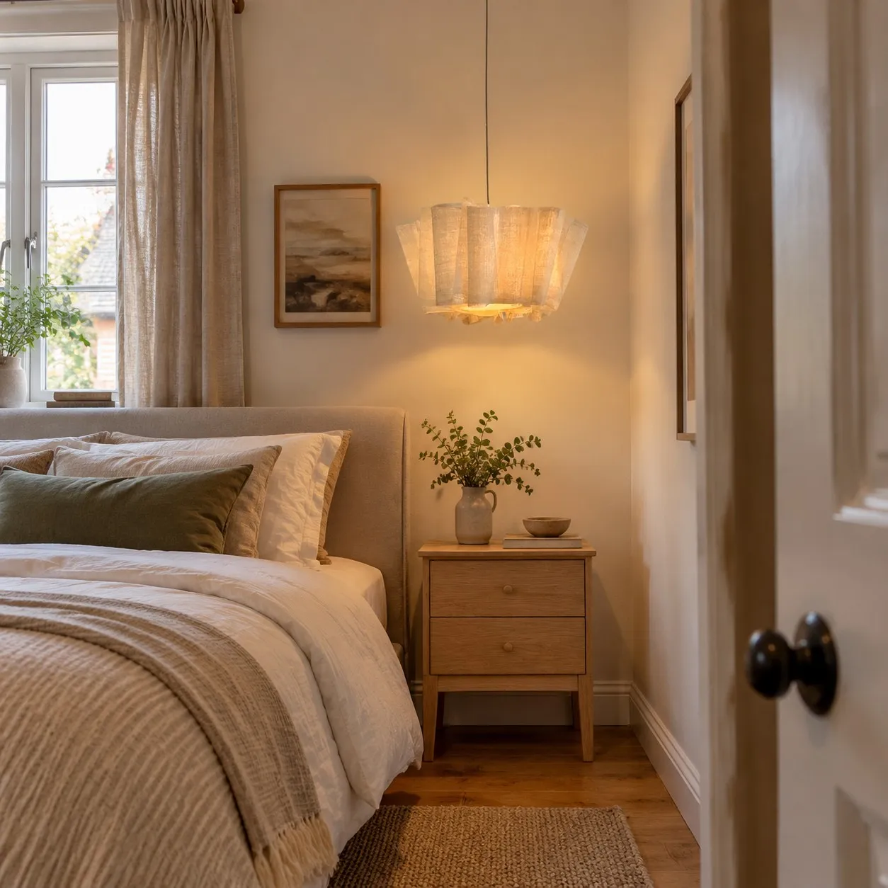 A small pleated linen pendant beside a modern bedroom bed