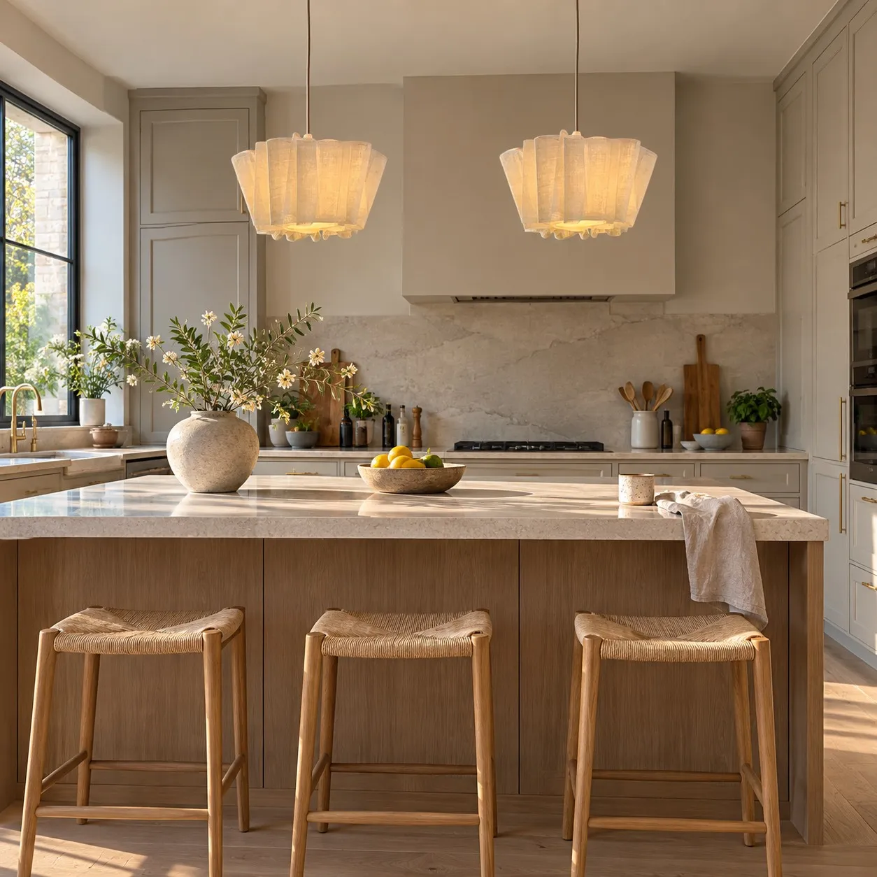Two evenly spaced pendant lights above a long kitchen island