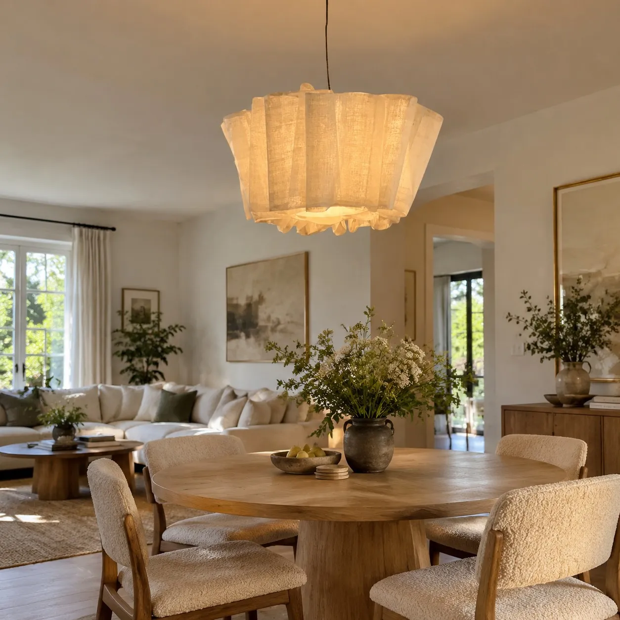 Un grande lampadario a sospensione che crea un punto focale in una stanza open space.