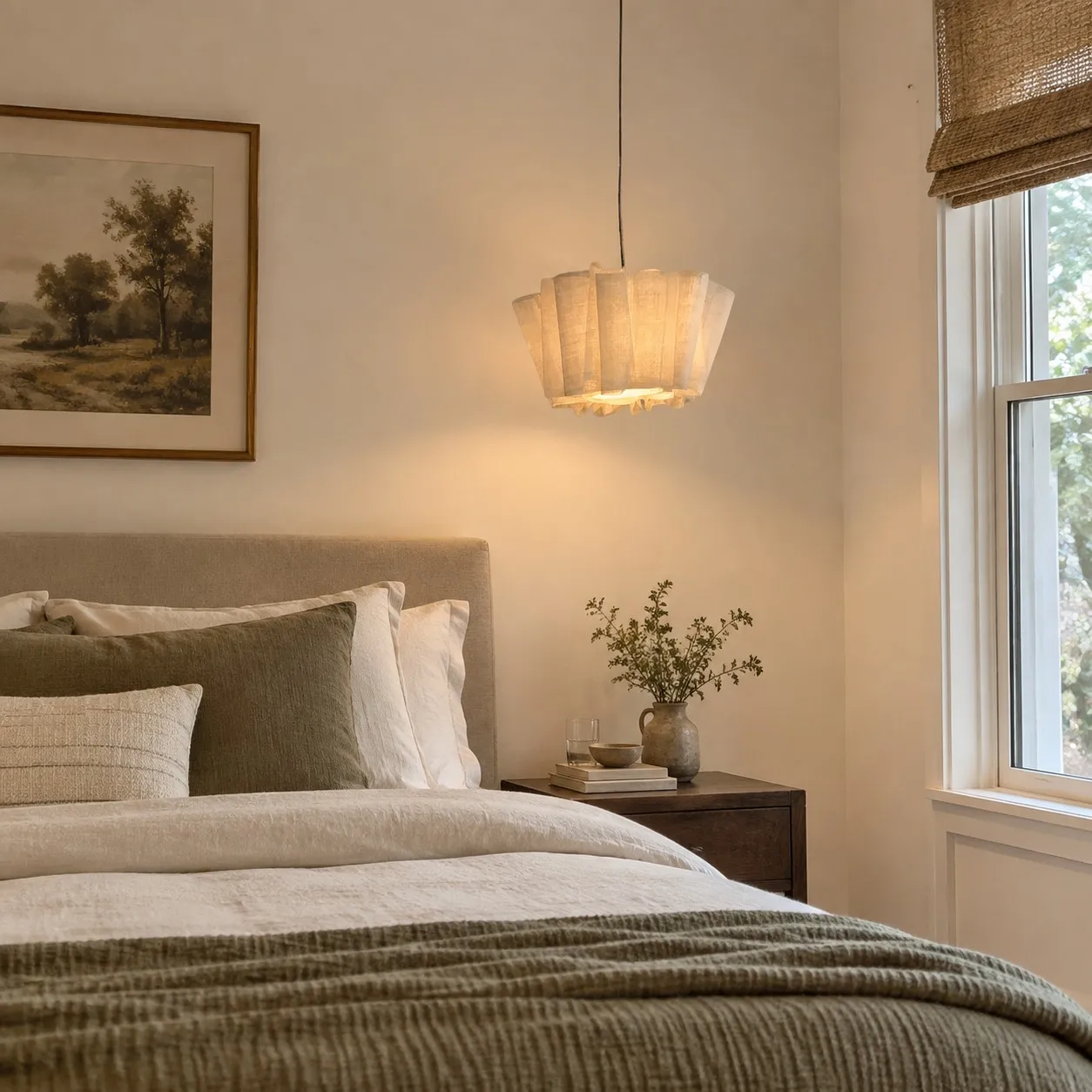 Un ciondolo plissettato dalle linee sobrie, perfetto come elemento decorativo moderno per la camera da letto.