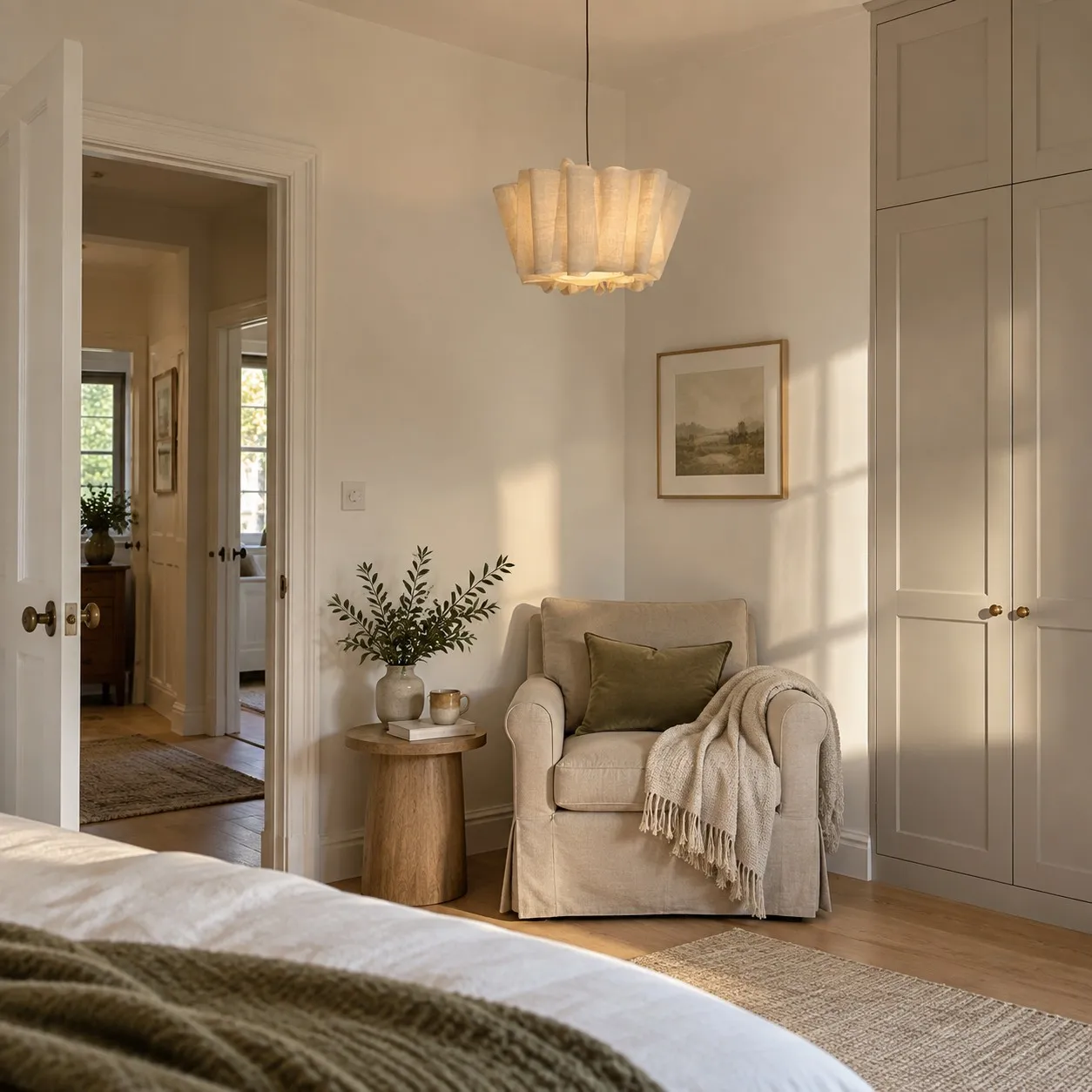 Pleated linen pendant defining a bedroom reading corner