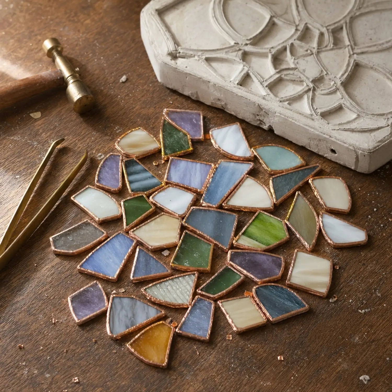 Pigment-infused art glass pieces arranged for shade making