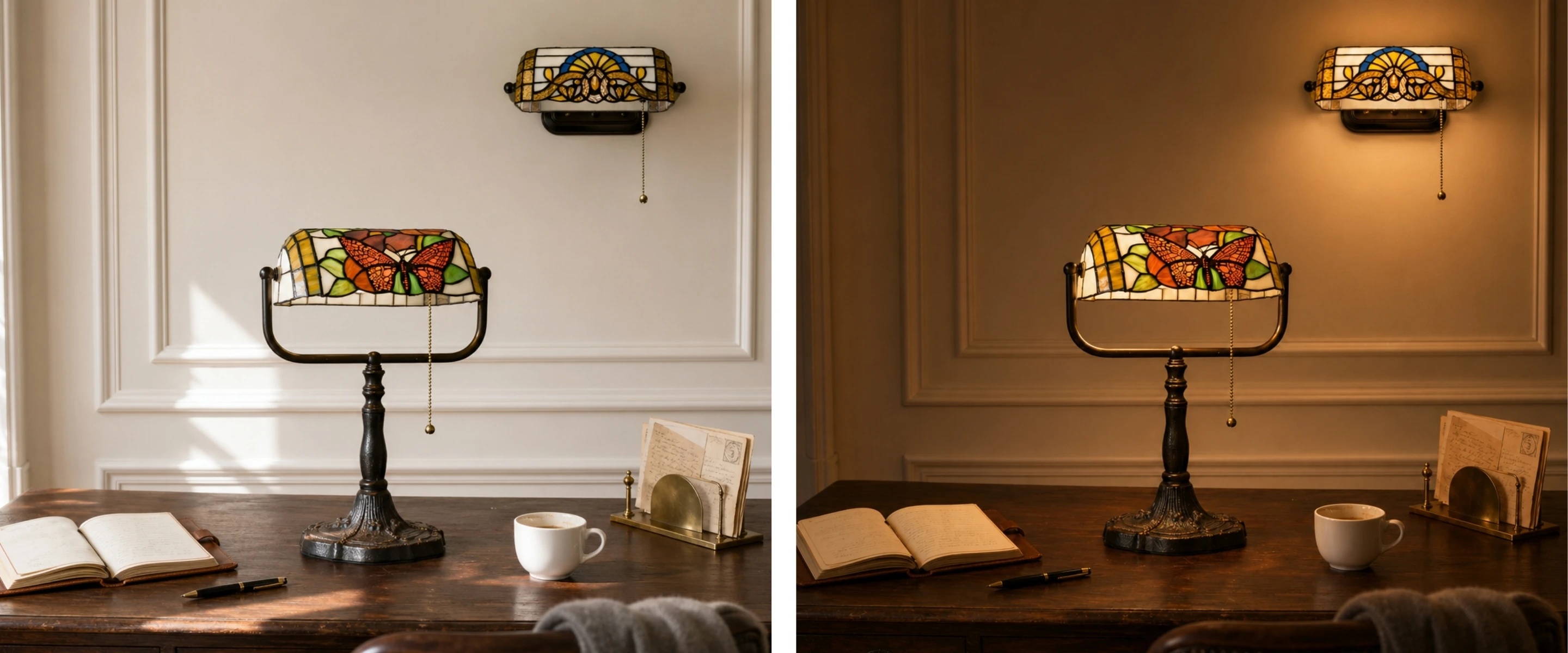 Tivanny stained glass lamp creating ambience in a room