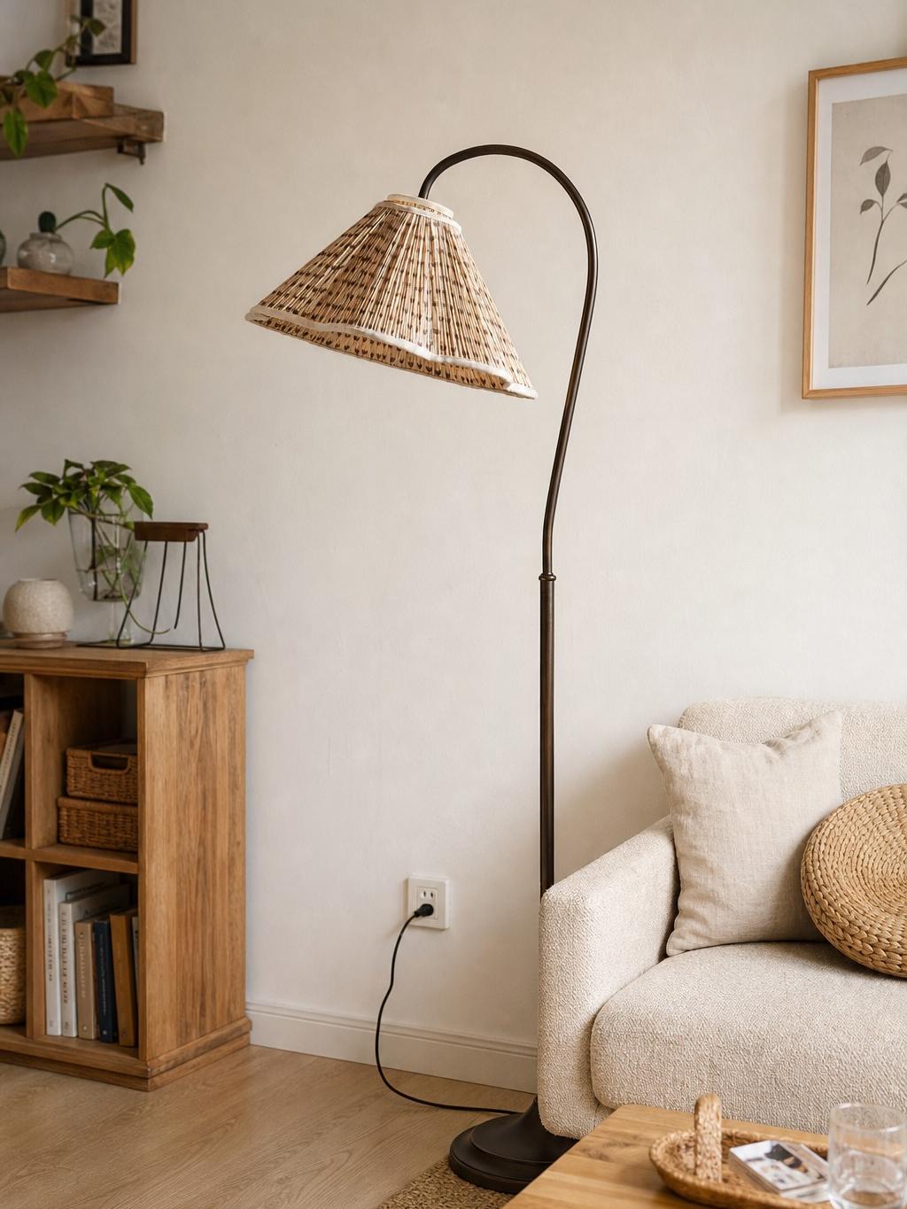 Warm floor lamp beside chair and curtains