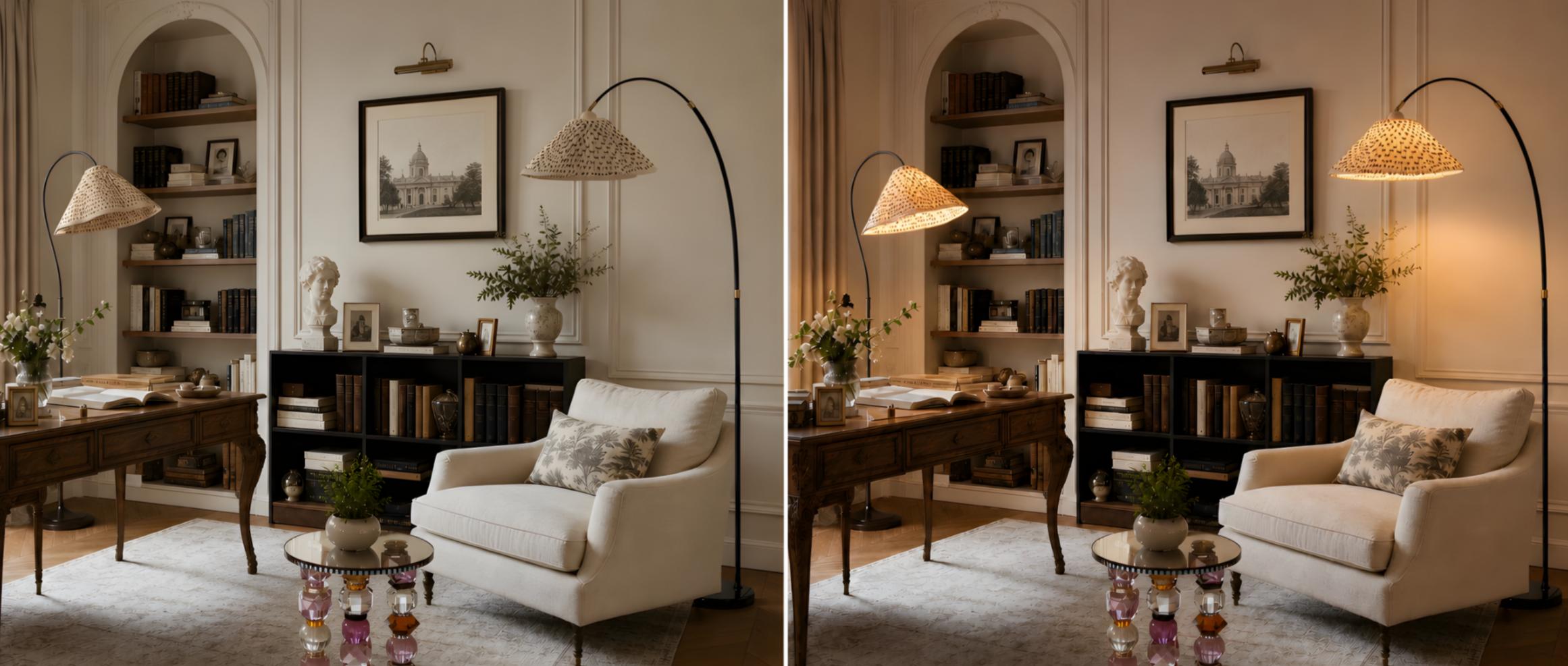 French style floor lamp shown by day and night in a cozy room