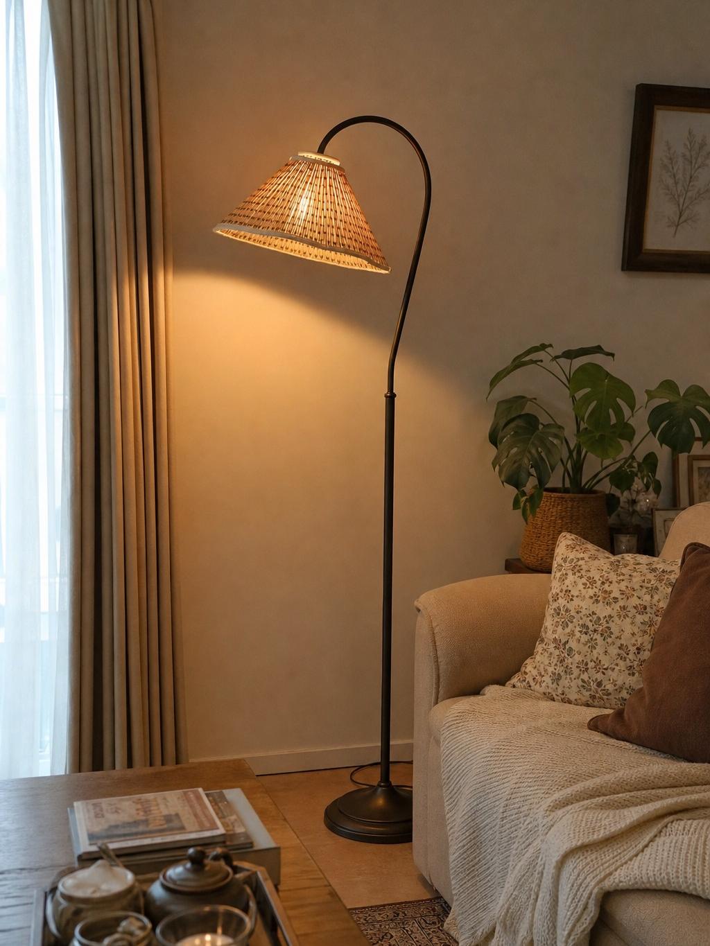 Floral arc floor lamp styled in home corner