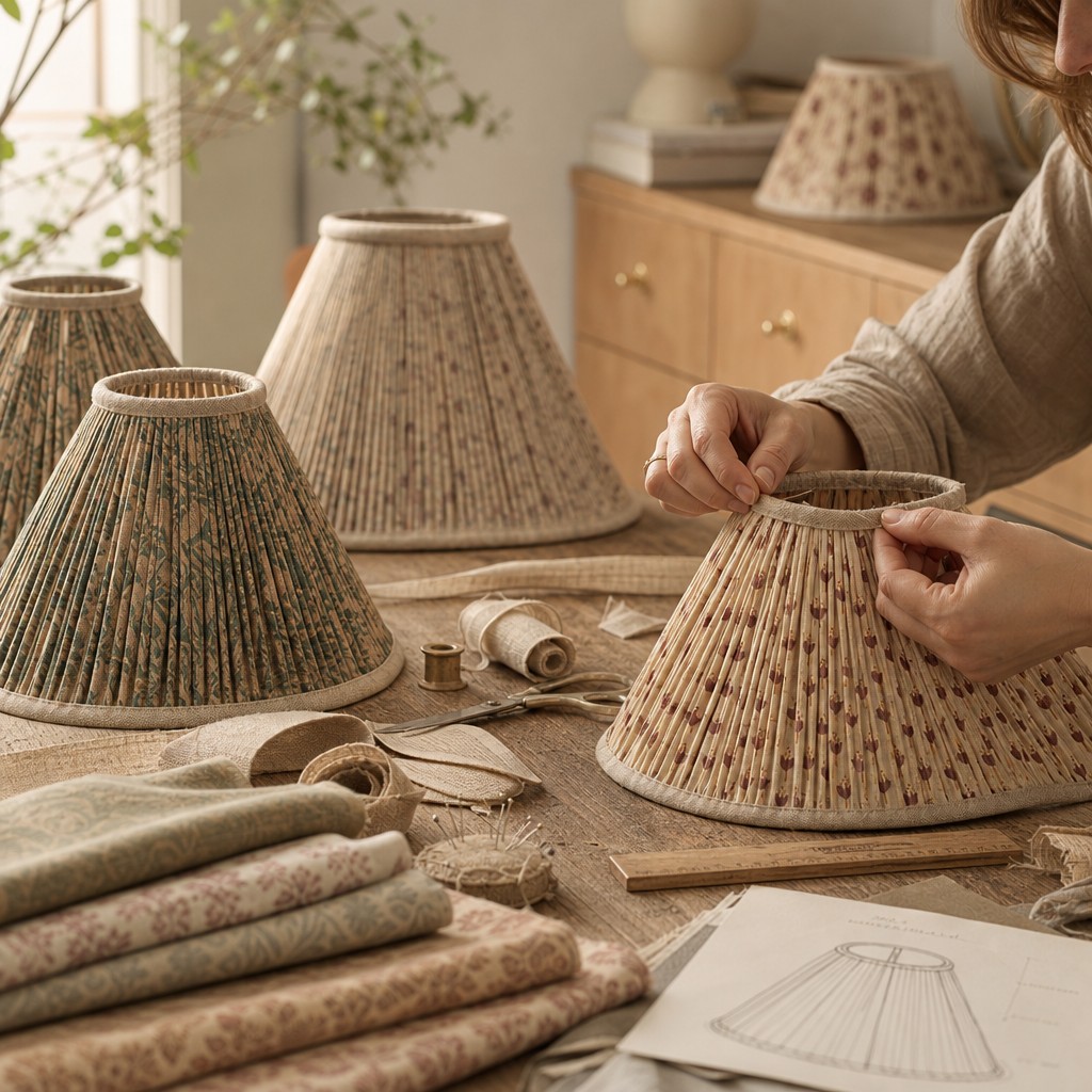 Artisan assembling floral fabric lampshade