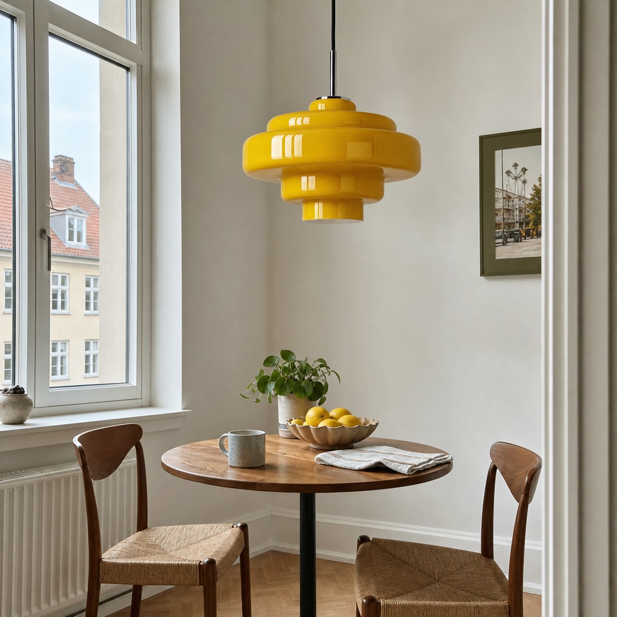 A coloured pendant light turning an empty corner into a small coffee spot.