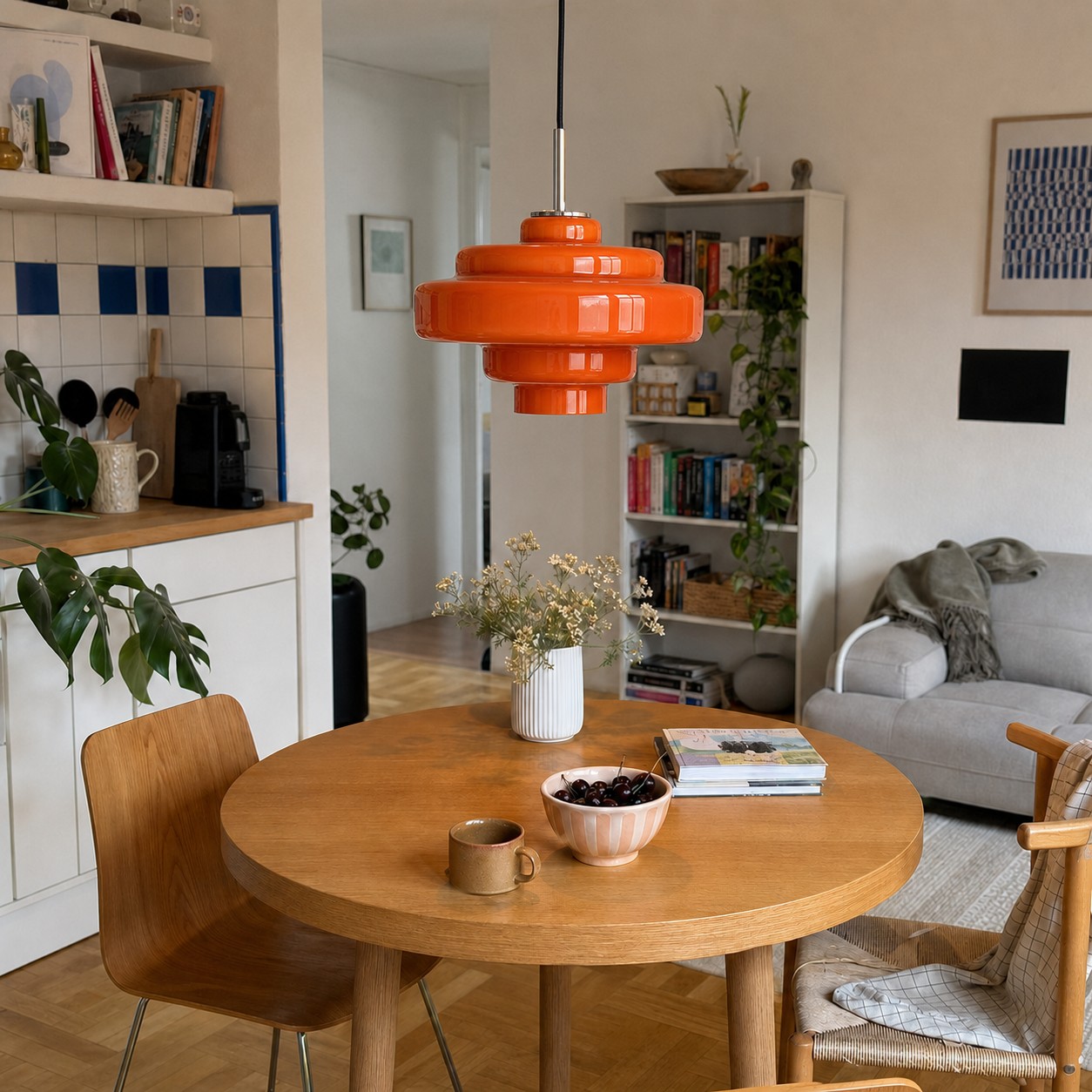 A retro glass pendant defining a breakfast table in an open-plan kitchen.